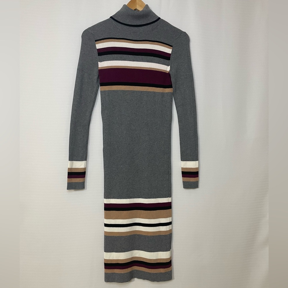 Express Gray Long Sleeve Sweater Dress with Stripes | Midi |